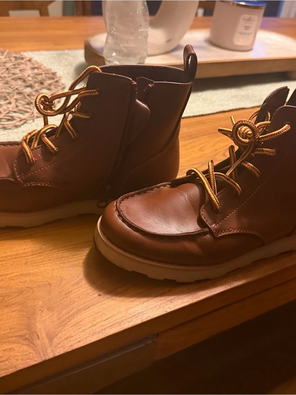 Cat & Jack Brown Kids Lace-Up Leather Boots with Yellow Accent Laces